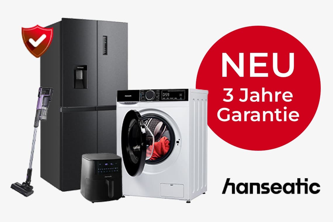 hanseatic - Kühlschrank, Staubsauger und Waschmaschine stehen auf einem grauen Hintergrund, NEU: 3 Jahre Garantie