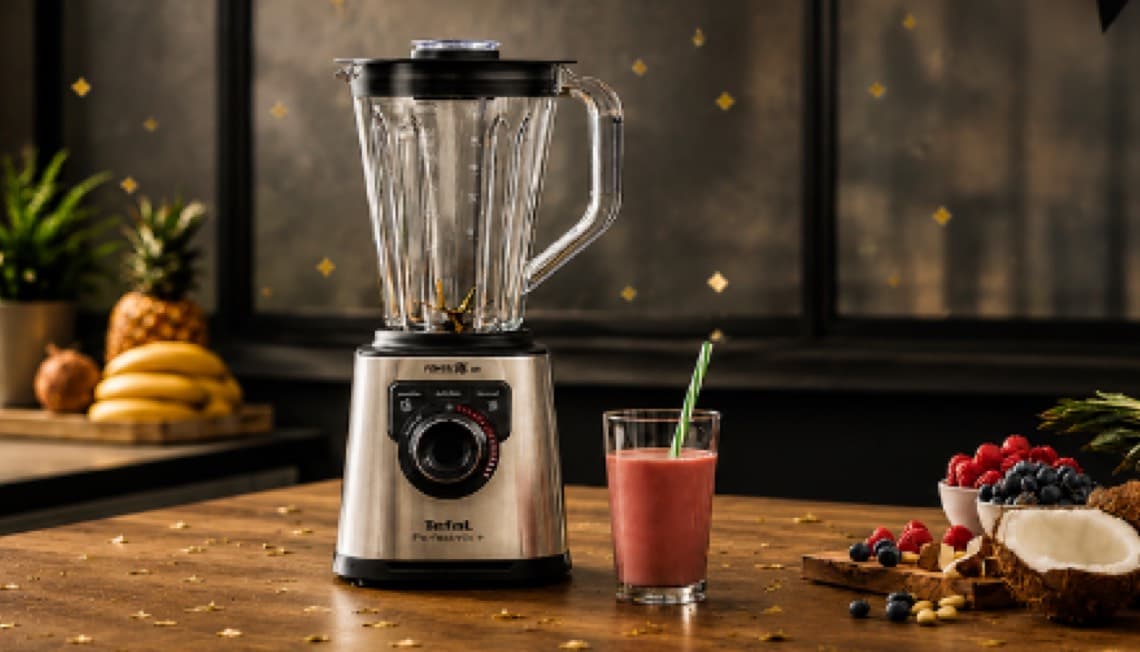 Standmixer auf Holztisch neben Glas mit rosa Smoothie und Strohhalm, umgeben von Obst wie Bananen, Beeren und Ananas