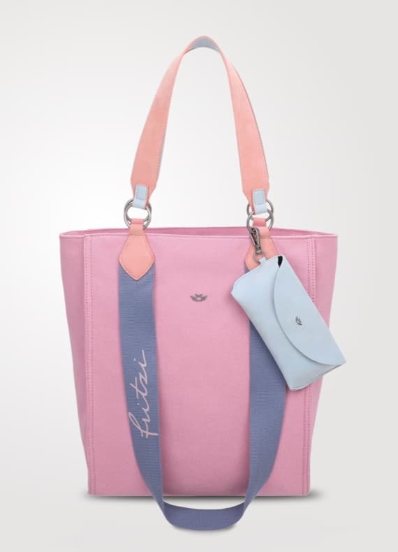 Rosa Shopper-Tasche mit langen Tragegriffen, blauem Schulterriemen mit Schriftzug und hellblauem Etui an der Seite