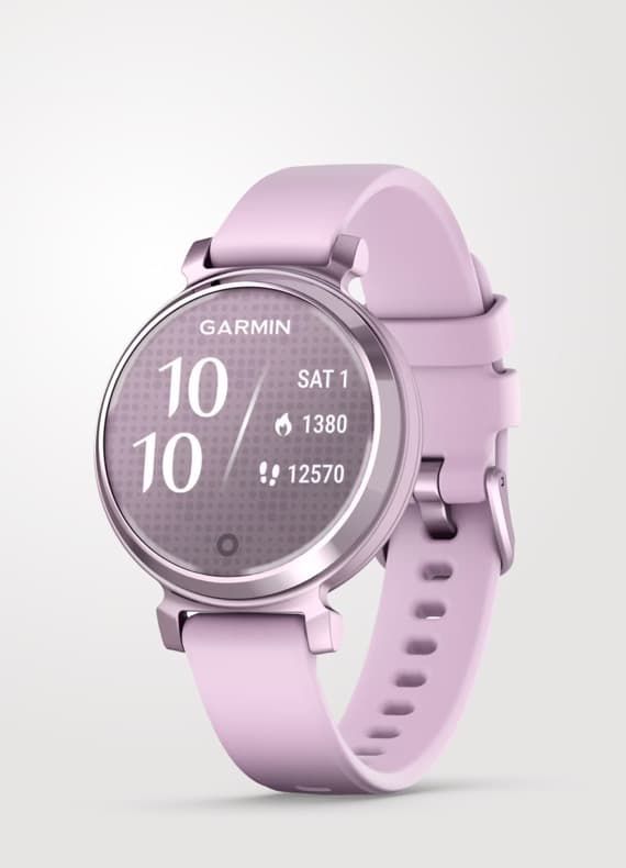 Garmin Smartwatch mit rundem Display, zeigt Uhrzeit 10:10, Datum Samstag 1, Kalorien 1380 und Schritte 12570