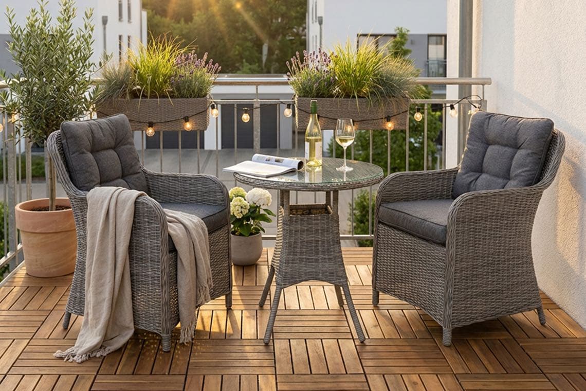 Zwei Polstersessel auf Balkon, runder Tisch mit Weinflasche, zwei Gläsern, Buch, Pflanzen und Lichterkette im Hintergrund