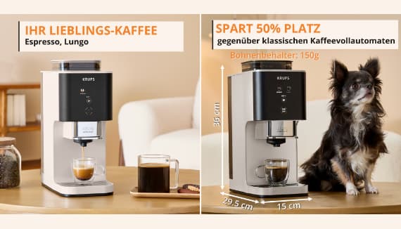 Ihr Lieblings-Kaffee, spart 50 % Platz – kompakter Kaffeevollautomat neben Tasse und kleinem Hund auf Holztisch