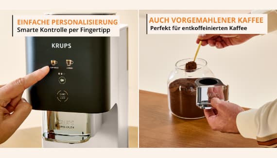 Einfache Personalisierung, auch vorgemahlener Kaffee – Hand tippt Kaffeeautomat an, andere füllt Pulver in Behälter