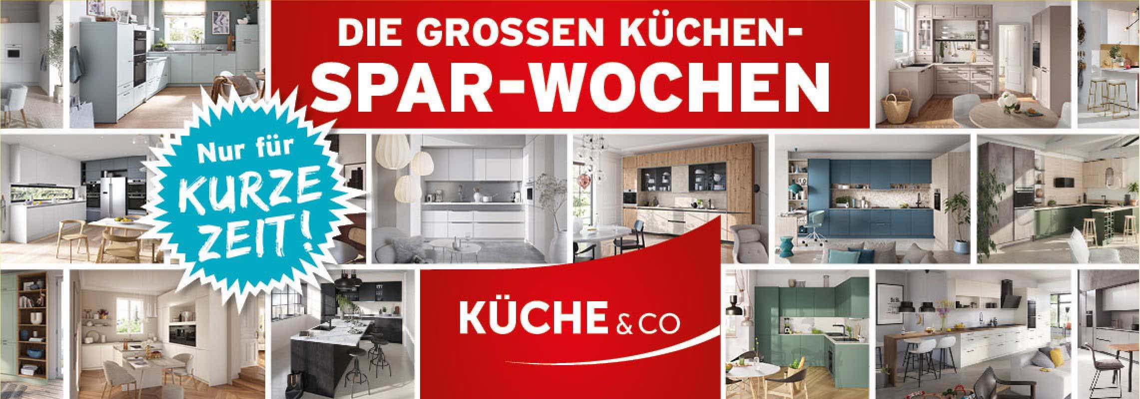DIE GROSSEN KÜCHEN-SPAR-WOCHEN – Nur für kurze Zeit – Collage moderner Küchen mit Küche&Co Logo