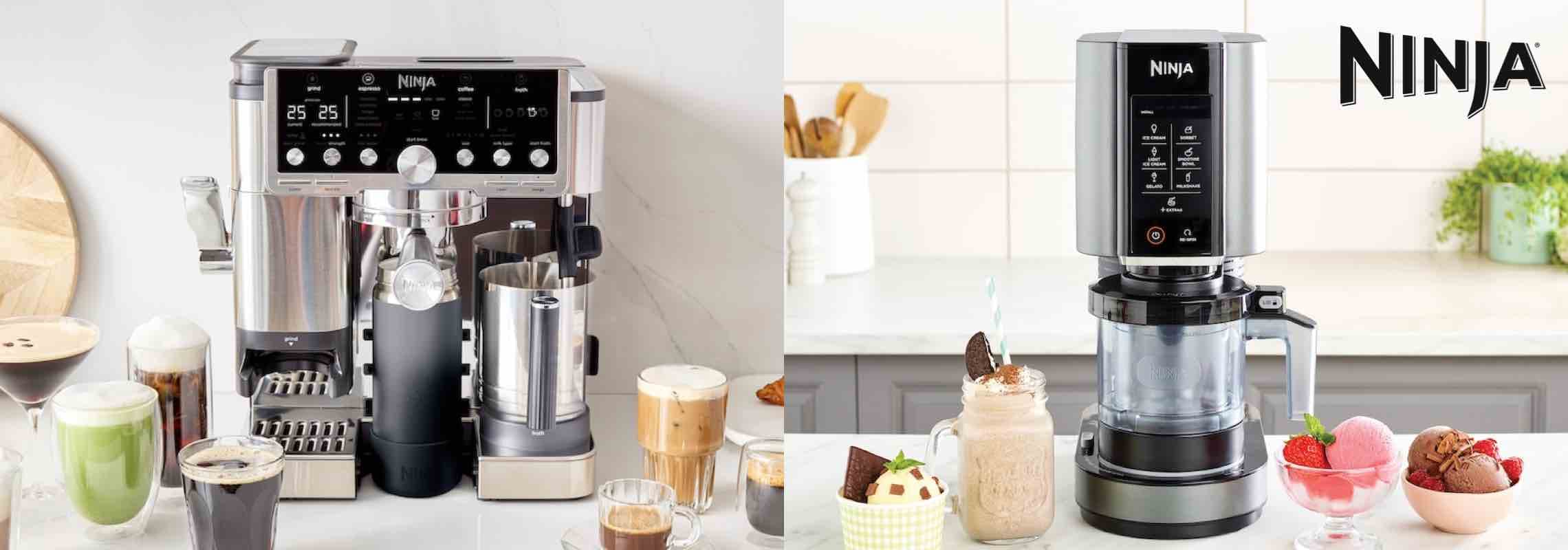 Ninja Kaffeemaschine und Eismaschine auf Küchenarbeitsplatte, umgeben von verschiedenen Kaffee- und Eisgetränken