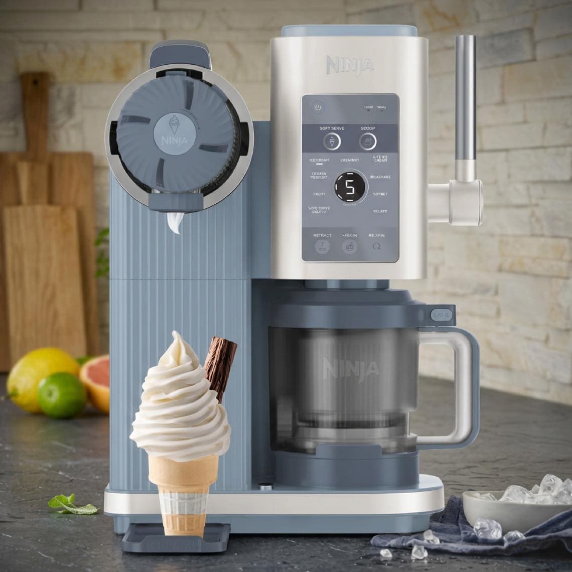 Eismaschine von Ninja auf Küchenarbeitsplatte, Spender füllt Softeis in Waffel mit Schokostange, Obst im Hintergrund