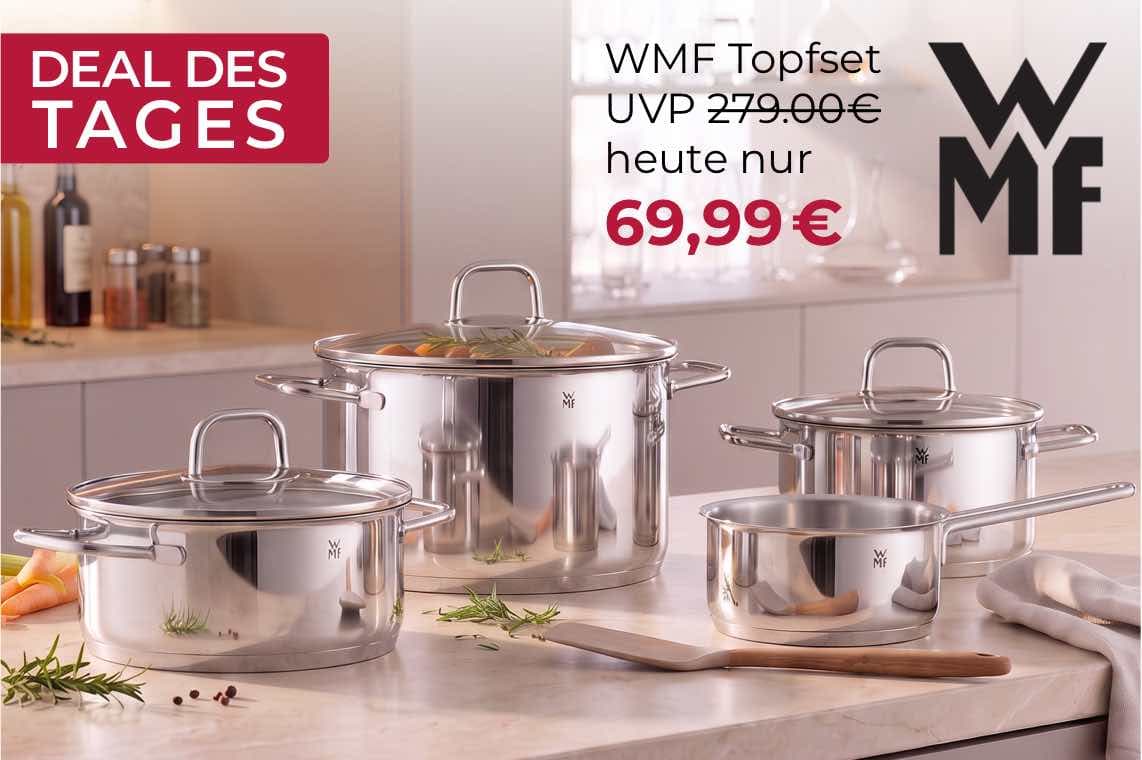 Deal des Tages – WMF Topfset für 69,99 € statt 279 € auf Küchenarbeitsplatte mit vier Töpfen und Pfanne