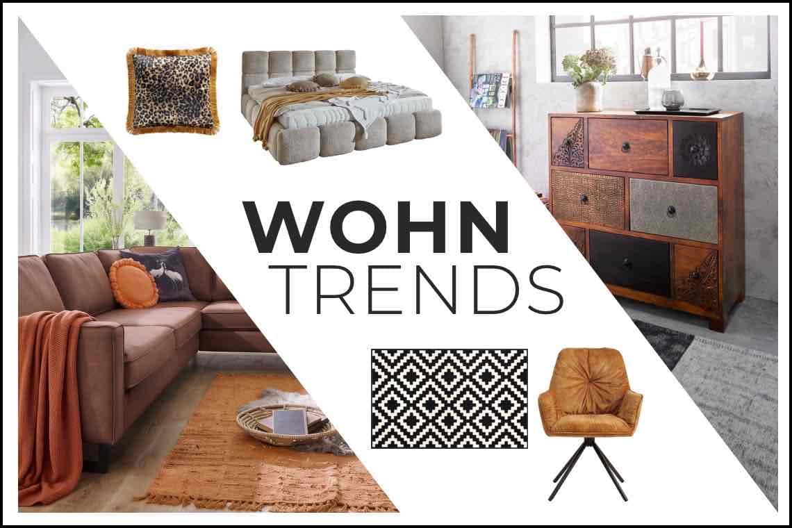 WOHN TRENDS – Collage mit Sofa, Bett, Kommode, Sessel, Kissen und Teppich in modern eingerichteten Räumen