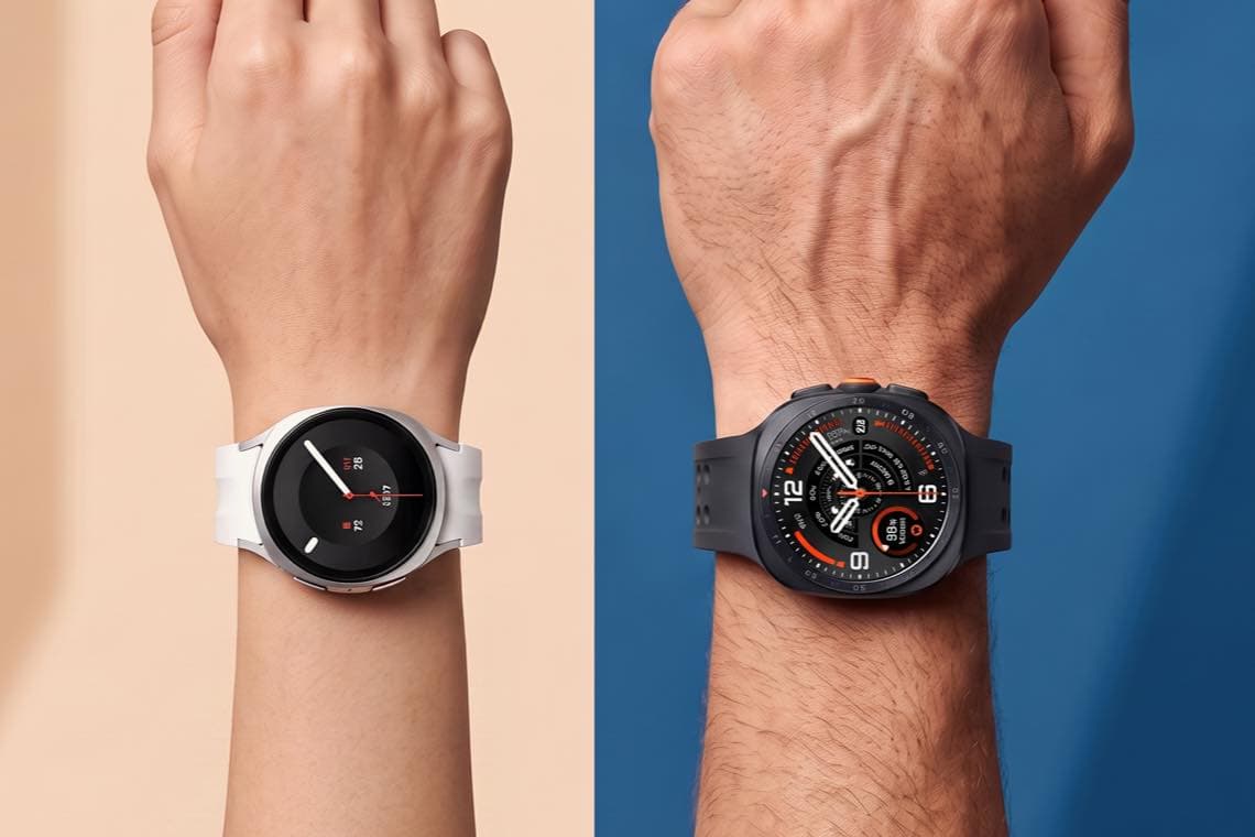 Zwei Handgelenke mit Smartwatches, links runde helle Uhr mit schlichtem Zifferblatt, rechts dunkle Uhr mit sportlichem Display