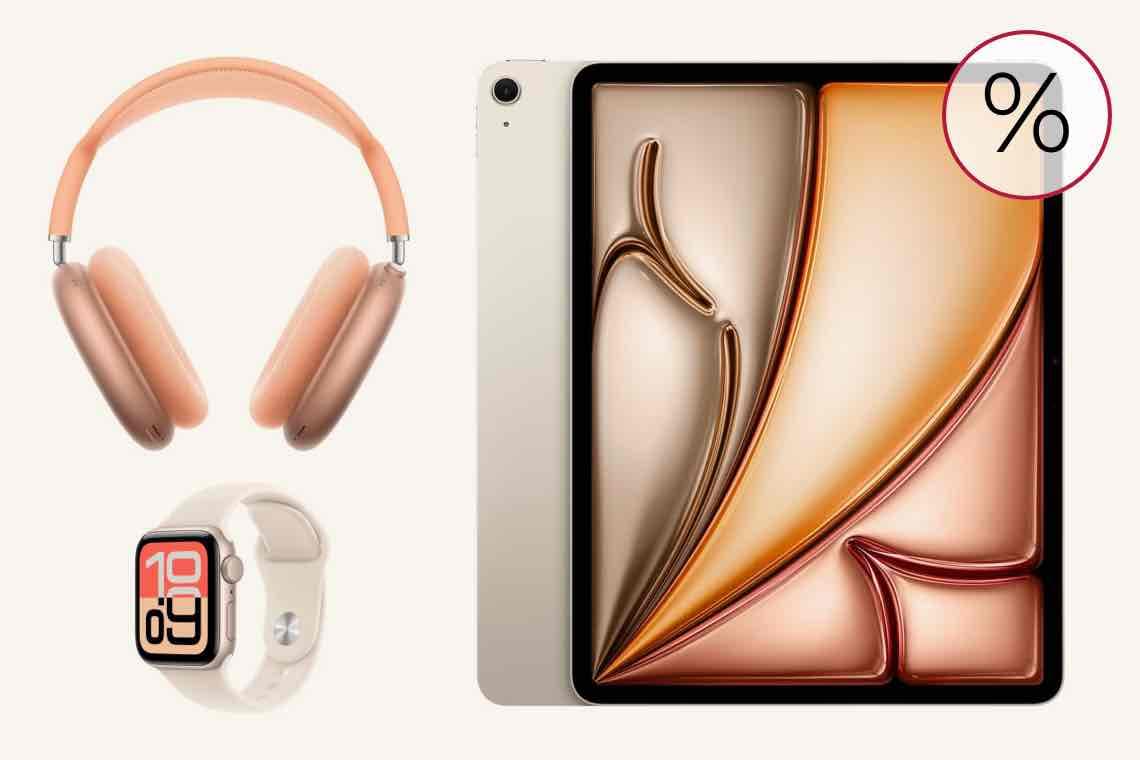 Prozentzeichen für Rabatt – Tablet, Over-Ear-Kopfhörer und Smartwatch in hellen Tönen nebeneinander angeordnet