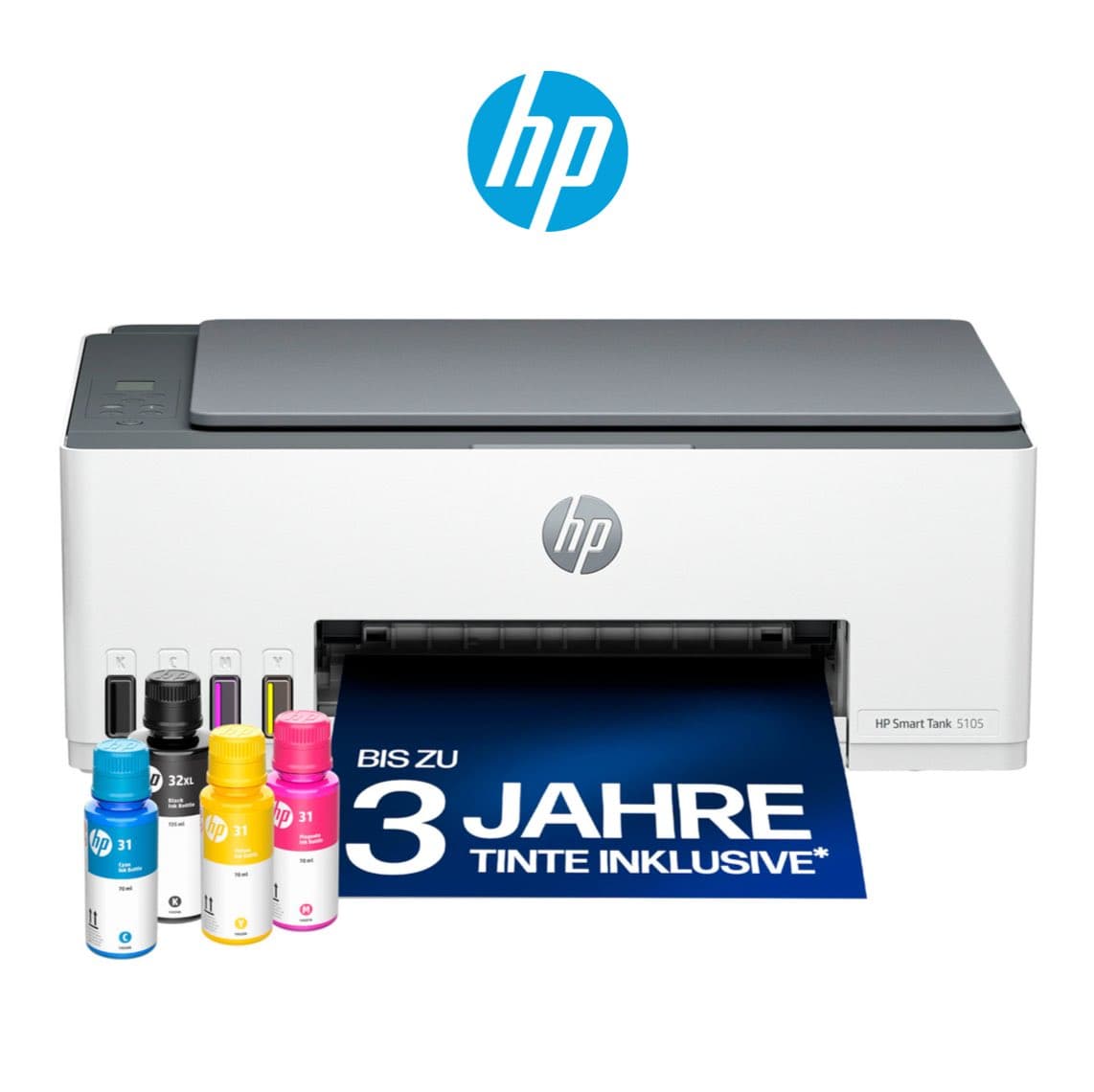 Bis zu 3 Jahre Tinte inklusive – HP Drucker mit Ausdruck und vier farbigen Tintenflaschen davor