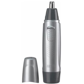 Ein silberner Nasen- und Ohrhaarschneider mit abnehmbarer Schutzkappe, modern und ergonomisch gestaltet.