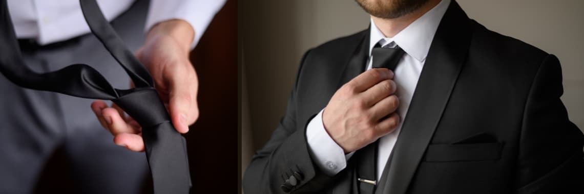 Links: Person hält eine schwarze Krawatte in der Hand. Rechts: Person im schwarzen Anzug und weißem Hemd zieht schwarze Krawatte zurecht.