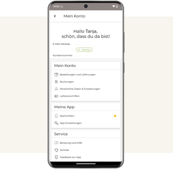 Bereich "Mein Konto" der BAUR-App