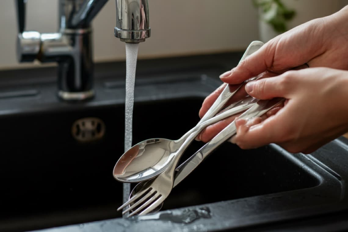 Hände waschen Besteck unter einem sprudelnden Wasserhahn in einer modernen Spüle. Der Fokus liegt auf der sorgfältigen Reinigung.