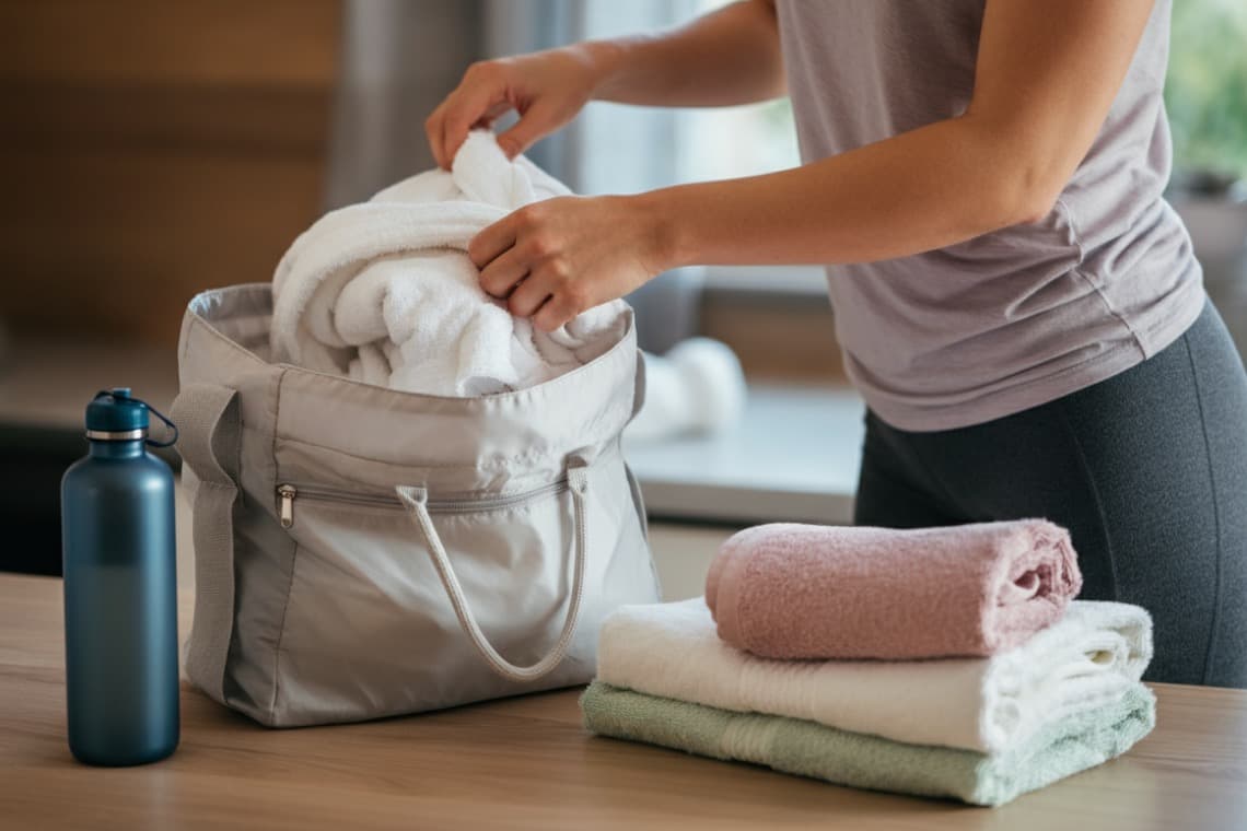 Eine Person packt weiße Handtücher in eine graue Saunatasche. Neben der Tasche stehen ein blauer Wasserbehälter und gestapelte, farbige Handtücher.