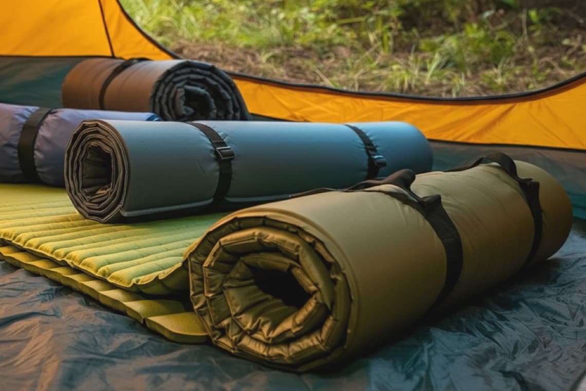 Vier zusammengerollte Isomatten liegen nebeneinander in einem gelben Zelt auf dem Boden. Ideal für Camping und Outdoor-Abenteuer.