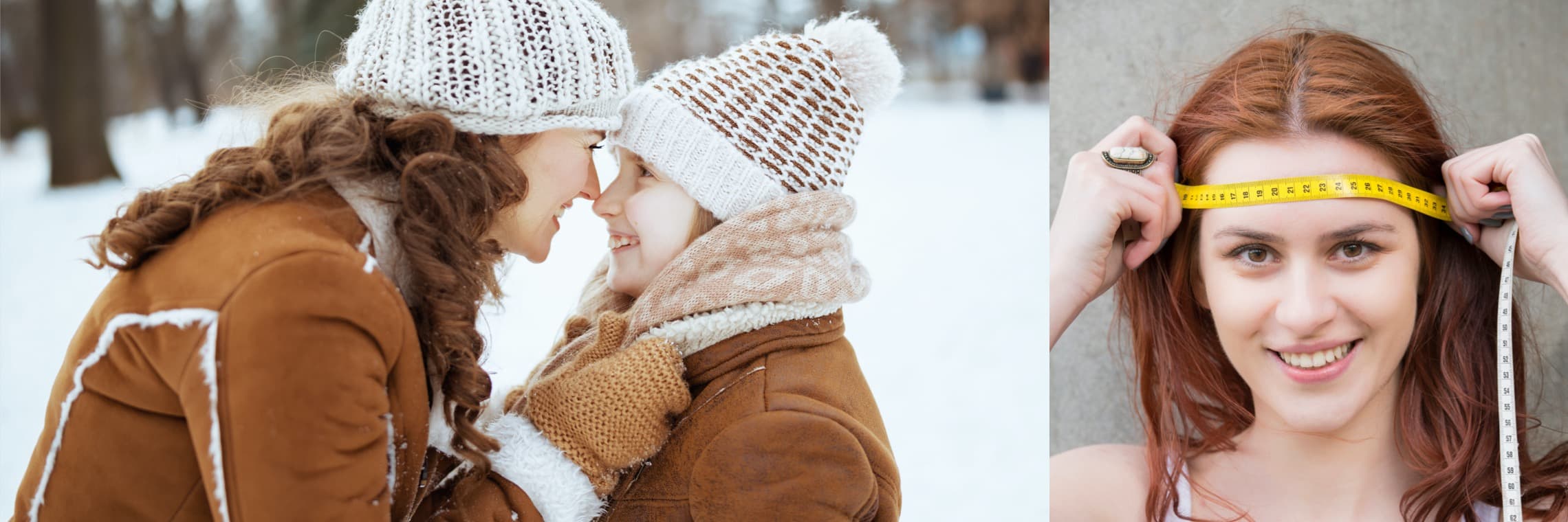 Frau und Mädchen mit Mütze und warmer Kleidung im Schnee. Rechts: Frau misst mit Maßband ihren Kopfumfang.