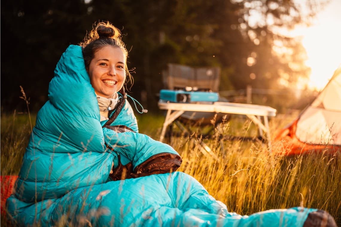 Person sitzt eingewickelt in einem blauen Schlafsack auf einer Wiese, Campingausrüstung und Zelt im Hintergrund.