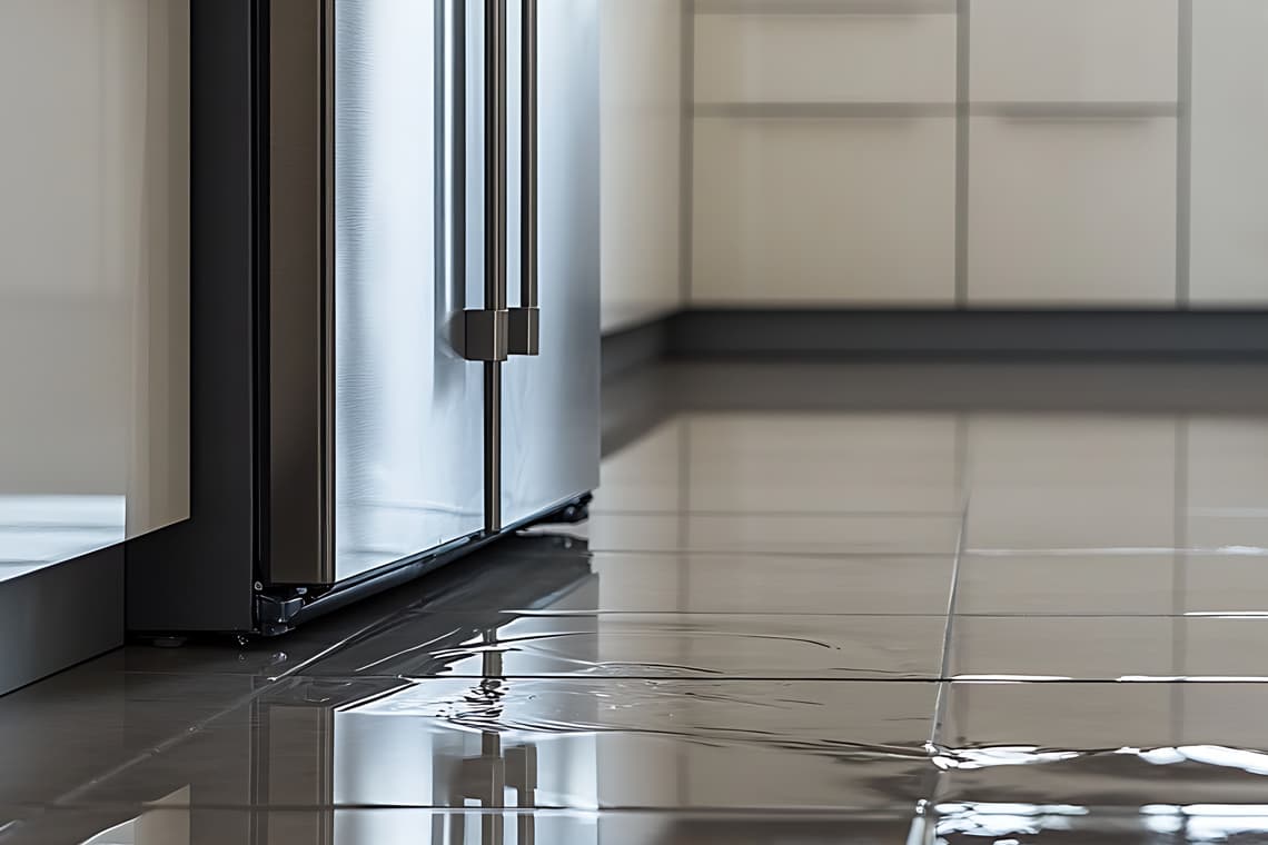 Wasserpfütze auf Fliesenboden vor einem Kühlschrank in einer modernen Küche