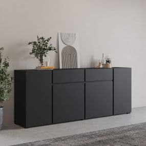 Schwarzes Sideboard mit Dekoration, Pflanzen und Kunstobjekten darauf.