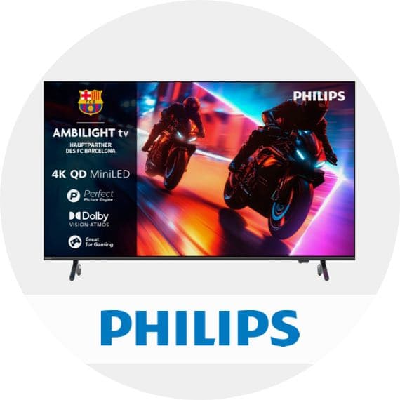 Philips Ambilight TV – Hauptpartner des FC Barcelona, 4K QD MiniLED, Dolby Vision Atmos, Bild von zwei Motorradfahrern