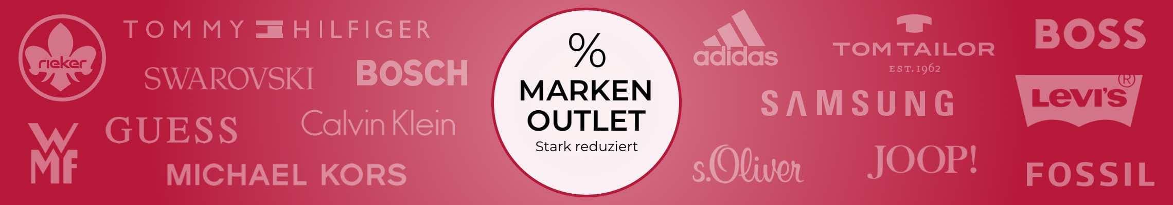 % Marken Outlet – Stark reduziert, Logos von bekannten Marken auf rotem Hintergrund