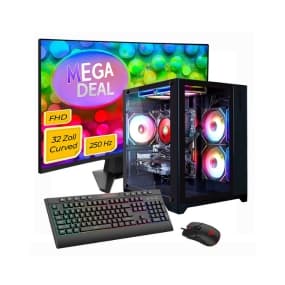 MEGA DEAL FHD 32 Zoll Curved 250 Hz – Computer-Setup mit Monitor, beleuchtetem Tower, Tastatur und Maus