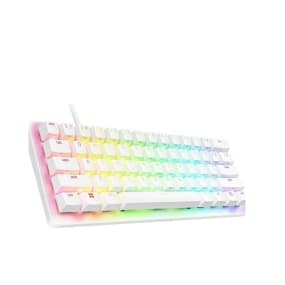 Weiße Tastatur mit Regenbogen-LED-Beleuchtung auf den Tasten.