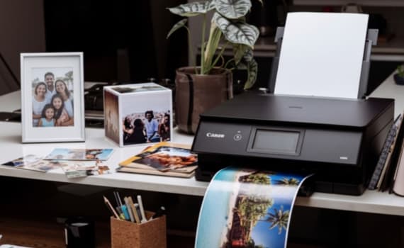 Farbdrucker auf Schreibtisch druckt Urlaubsfoto. Daneben Familienfoto in Rahmen und weitere Fotos.