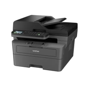 Schwarzer Brother Multifunktionsdrucker mit Display und Tastenfeld, Papierfach geöffnet