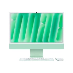 Desktop-Computer mit grünem Bildschirmhintergrund, Tastatur und Maus in Grün.
