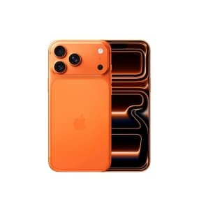 Orangefarbenes Smartphone mit drei Kameralinsen, Rückseite und Bildschirmansicht im Hintergrund.
