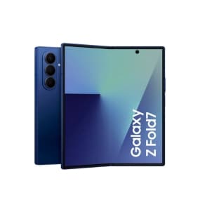 Galaxy Z Fold7 – Blaues faltbares Smartphone, halb geöffnet, Vorder- und Rückseite sichtbar