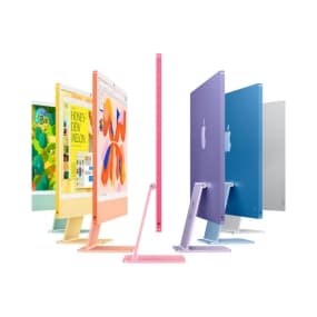 Mehrere bunte iMacs nebeneinander, Vorder- und Rückansichten.
