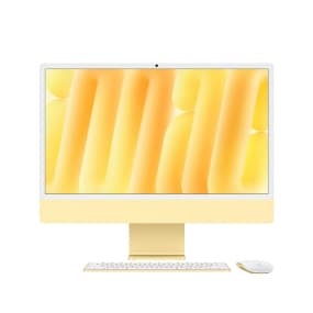 Gelber Desktop-Computer mit passender Tastatur und Maus vor gelbem Hintergrund.