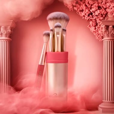 Make-up-Pinselset in roségoldener Hülle, umgeben von rosa Nebel, Säulen und Blüten im Hintergrund