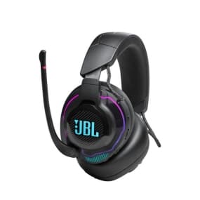 Schwarzes Gaming-Headset mit Mikrofon und leuchtenden LED-Akzenten, JBL-Logo auf den Ohrmuscheln.