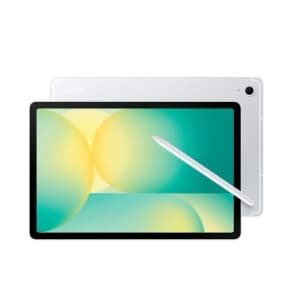 Tablet mit Stift und farbenfrohem Bildschirm, Rückseite weiß mit Kamera.