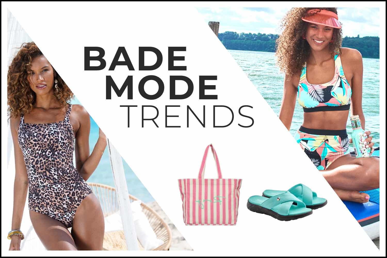 BADEMODE TRENDS – Frauen in Badeanzug und Bikini am Wasser, dazu gestreifte Tasche und türkise Badesandalen