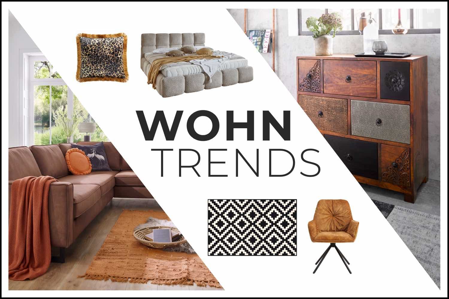 WOHN TRENDS – Collage mit Sofa, Bett, Kommode, Teppich, Kissen und Sessel im modern eingerichteten Wohnzimmer