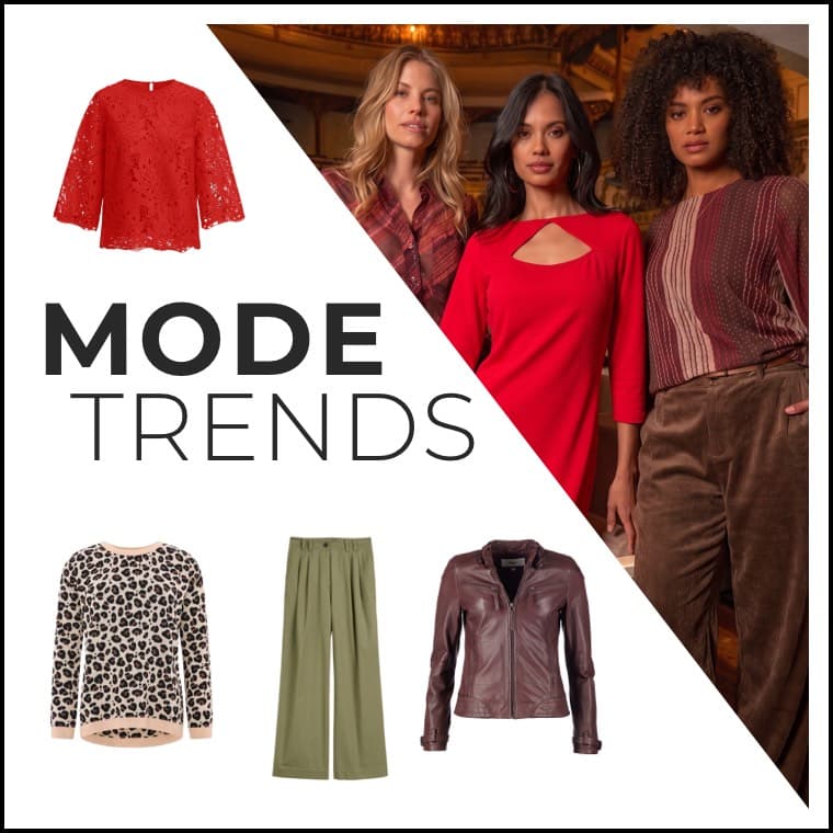 MODE TRENDS – drei Frauen in herbstlicher Mode, daneben rote Bluse, Leo-Pullover, grüne Hose und braune Jacke