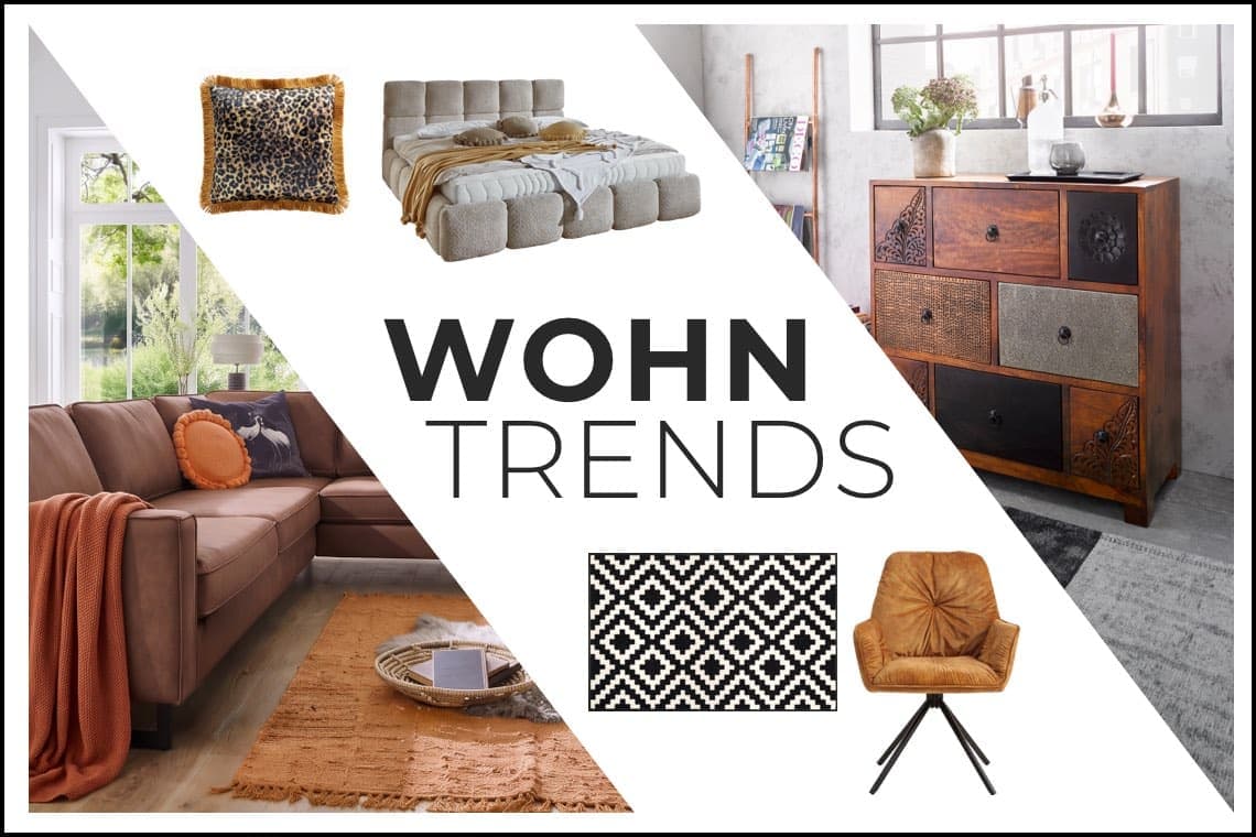 WOHN TRENDS – Collage mit Sofa, Bett, Kommode, gemustertem Teppich, Kissen mit Tiermuster und Polsterstuhl