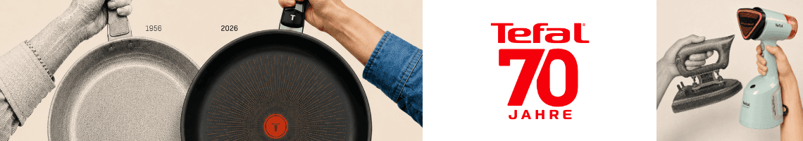 Tefal 70 Jahre – Vergleich alter und neuer Pfanne sowie alter Bügeleisen mit modernem Dampfglätter