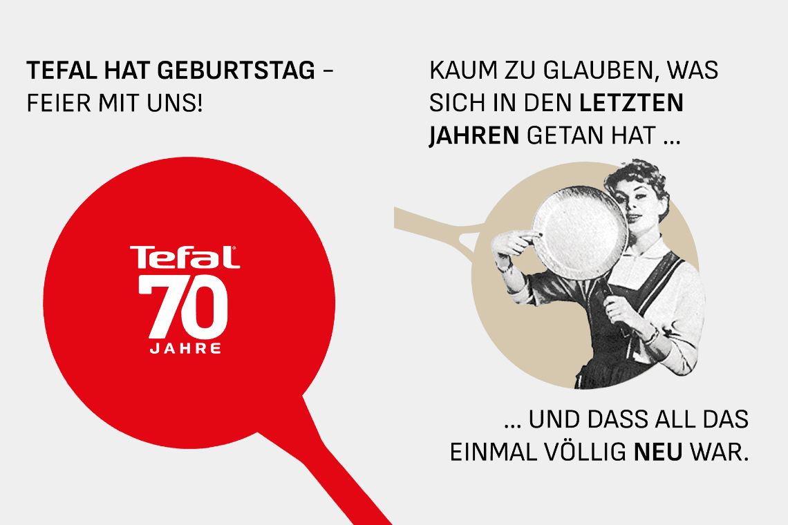 Tefal 70 Jahre – Jubiläumsgrafik mit großer roter Pfanne und Frau, die einen runden Pfannenboden zeigt