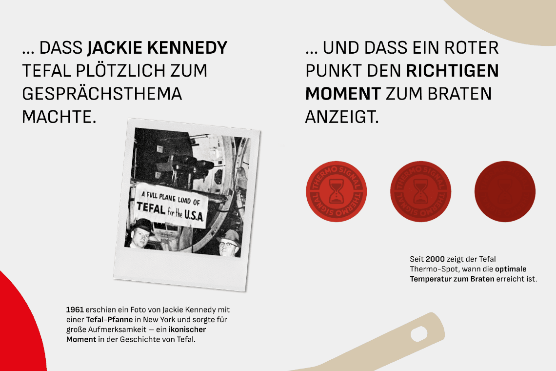 Jackie Kennedy macht Tefal zum Gesprächsthema – historische Tefal-Foto links, rote Thermo-Signal-Punkte rechts