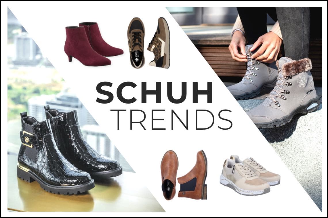Schuh Trends – verschiedene Damen- und Herrenschuhe, von Stiefeletten über Sneaker bis zu Winterboots, auf Collage gezeigt