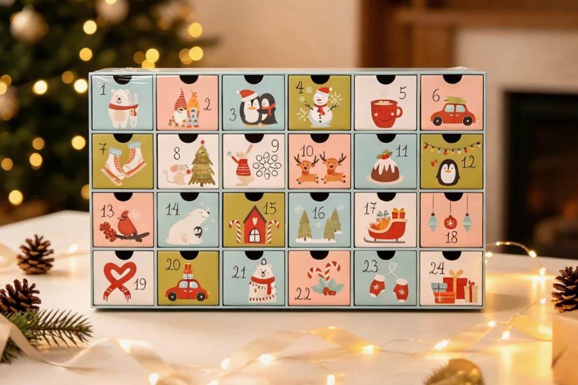 Adventskalender mit 24 nummerierten Schubladen, bunt mit winterlichen Motiven wie Tieren, Bäumen, Auto und Geschenken