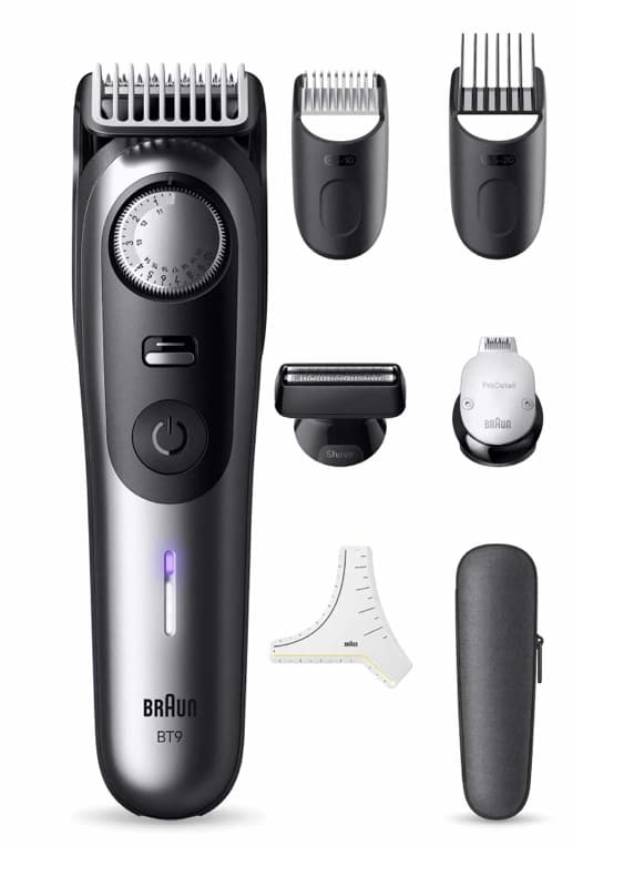 Braun BT9 Barttrimmer mit verstellbarem Rad, Kammaufsätzen, Rasier- und Detailkopf, Schablone und Etui