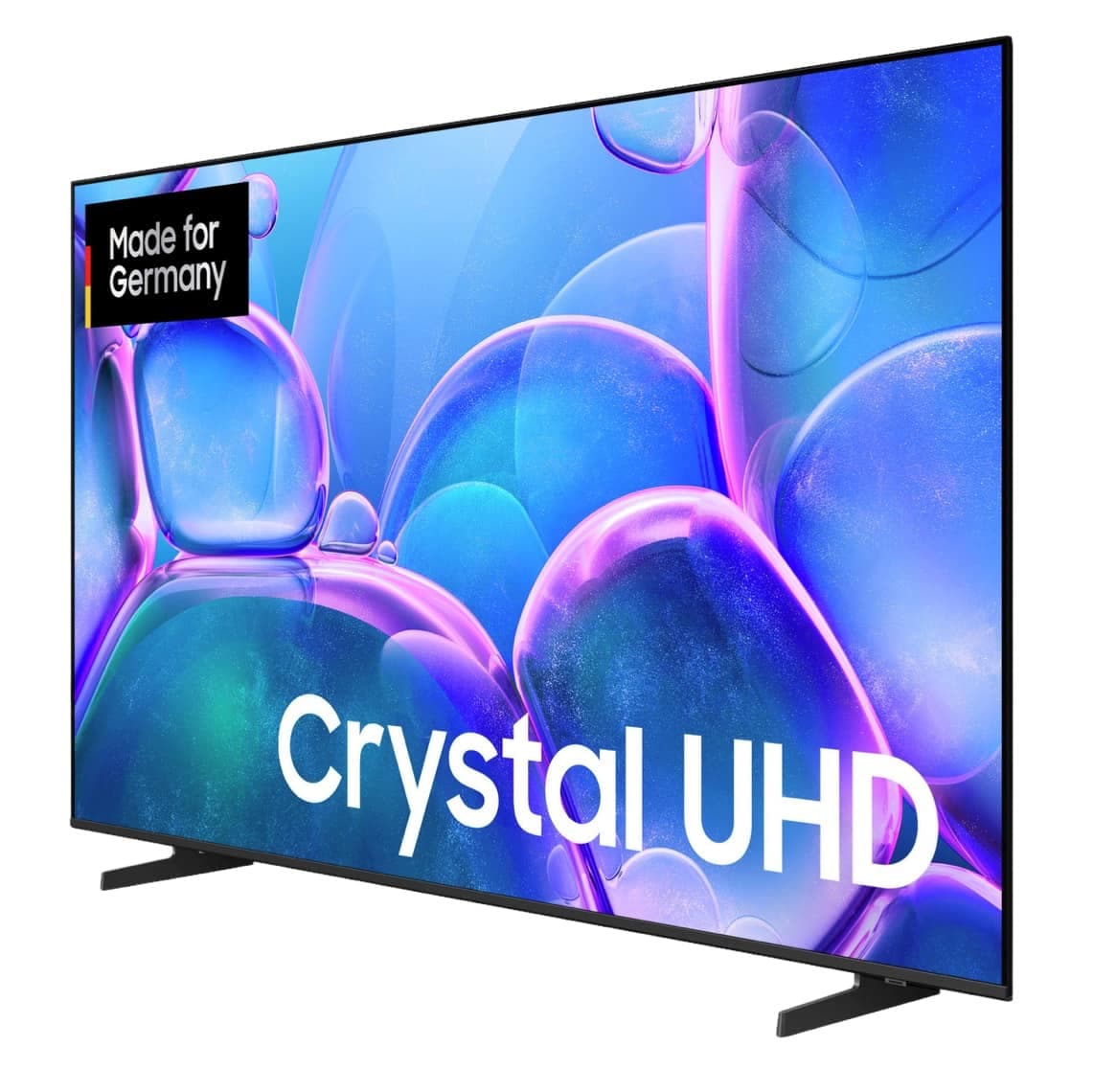 Made for Germany – großer Fernseher mit seitlicher Ansicht, bunter Bildschirm mit Aufschrift Crystal UHD